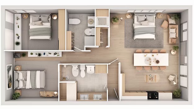 Bedroom plan with bed and bath