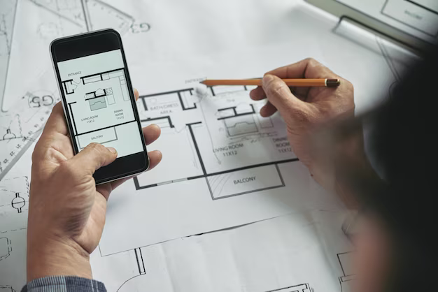 A hand holds a smartphone with a floor plan