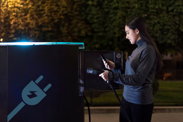 A girl holds a phone in her hand next to the charging station