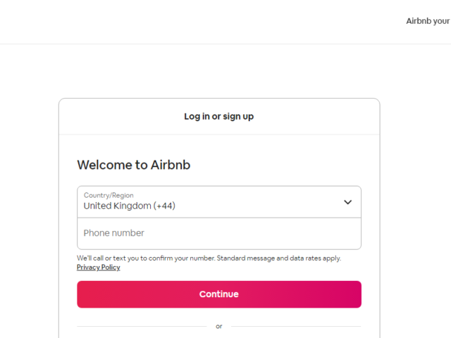 Airbnb website registration page
