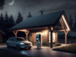 An electric car is charged at night near the house