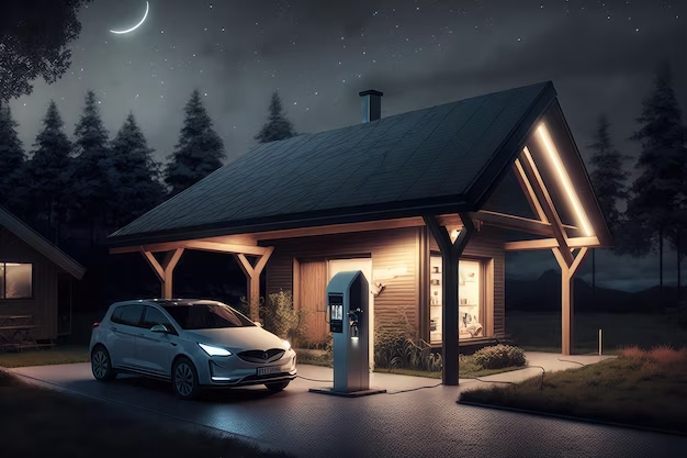An electric car is charged at night near the house